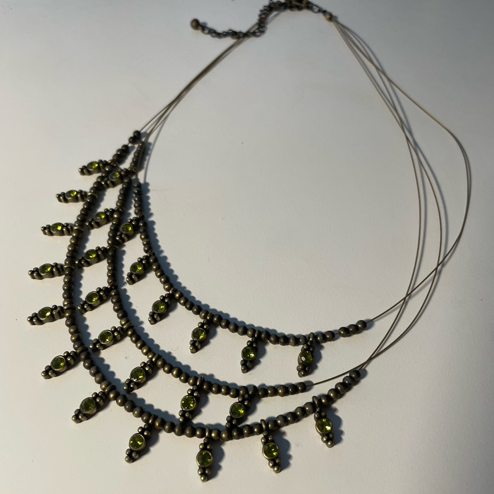 Three Strand Green and Gold Tone Beaded Necklace